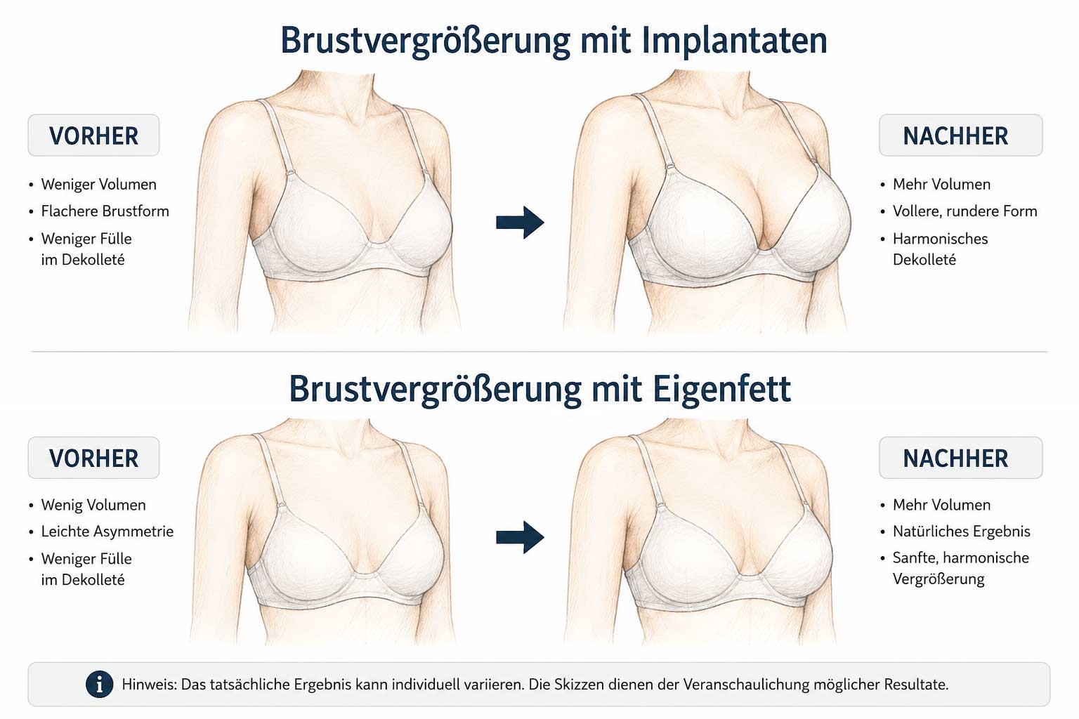 Illustration zu vorher und nachher Ergebnisse bei einer Brustvergr�sserung mit Implantaten und Eigenfett